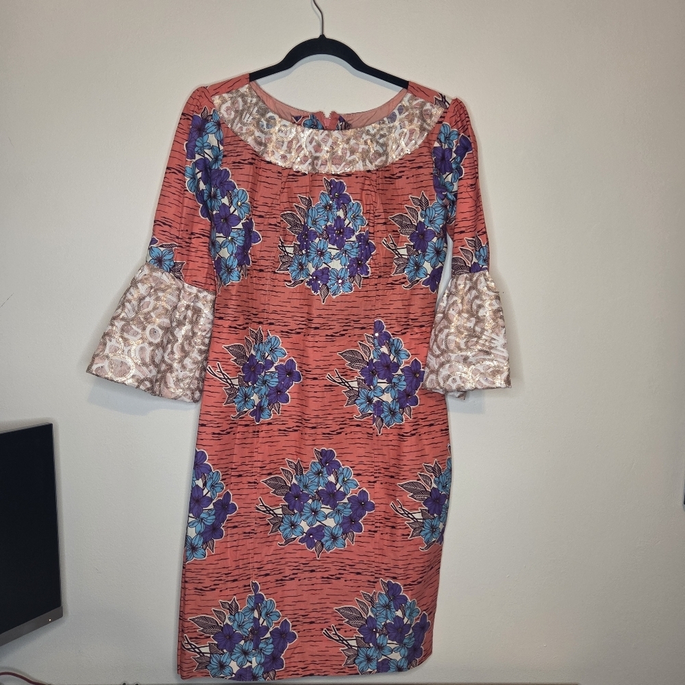 African Ankara Dress Handcrafted Floral Print With Bell Sleeves